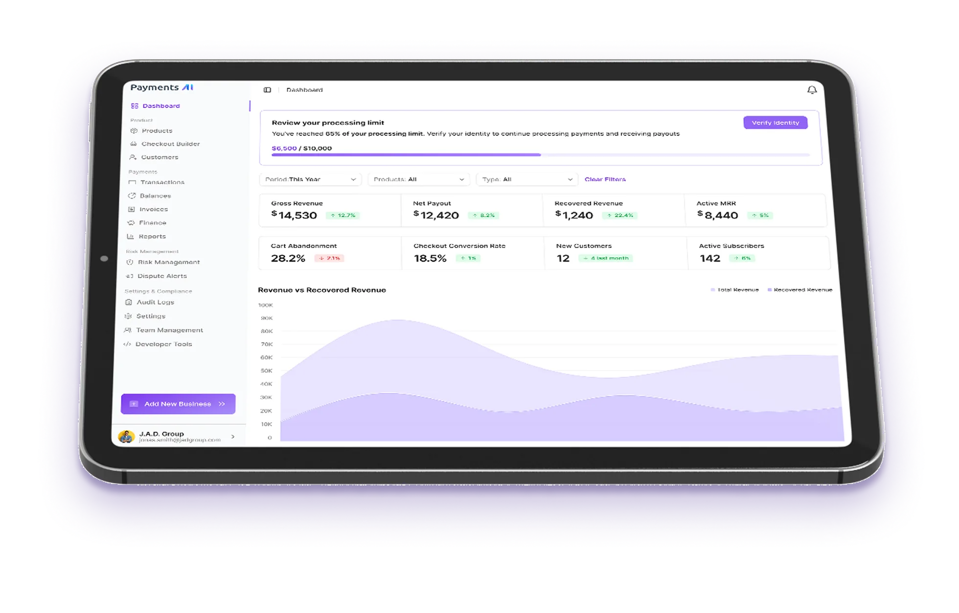 Payments AI analytics dashboard shown on a landscape tablet