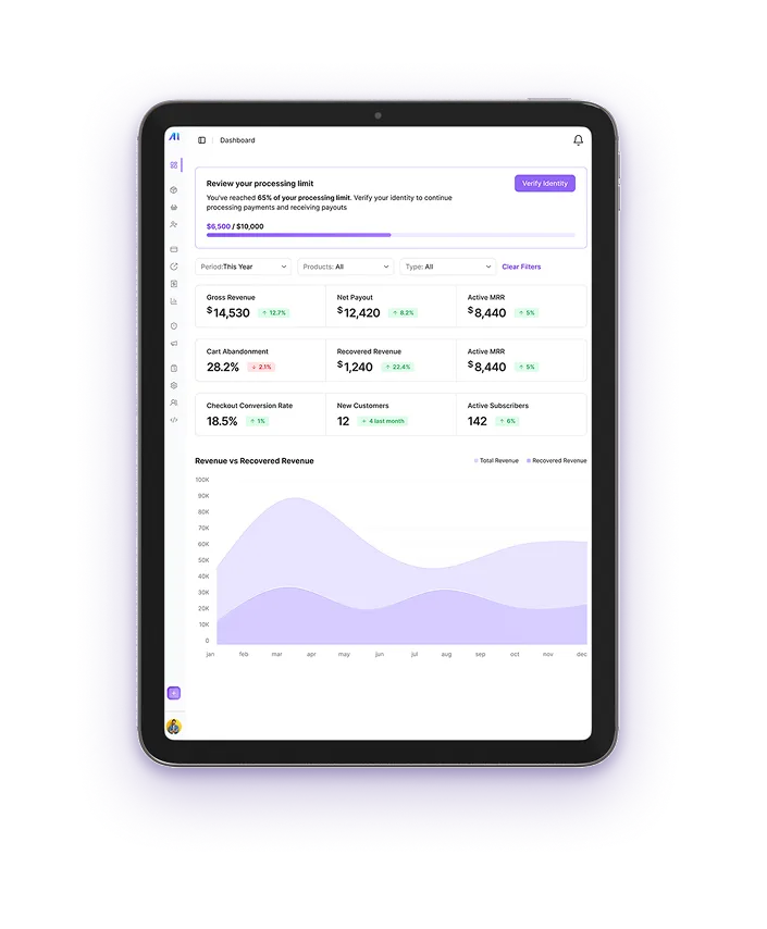 Payments AI revenue dashboard shown on a portrait tablet